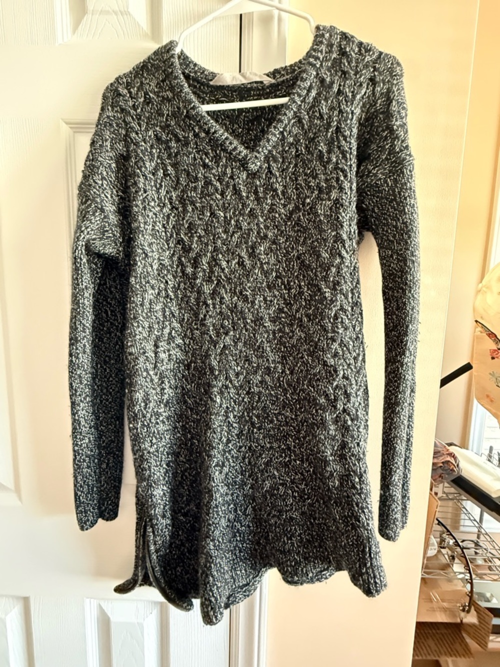 Cozy Gray V-Neck Cable Knit Sweater Tunic
